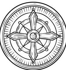 Fototapeta premium Antique nautical compass rose and ship steering wheel drawing in black and white outline