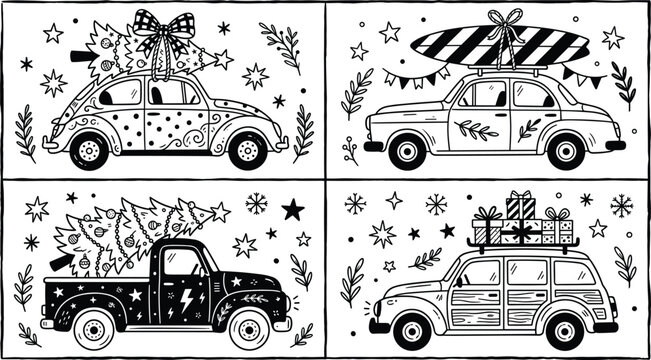 Vintage cars with Christmas trees surfboards and gifts festive holiday transportation hand drawn vector illustration set