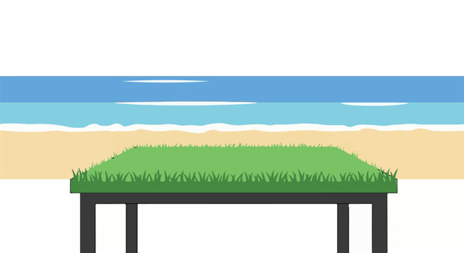 A flat-topped table with grass displays a surreal beach scene, contrasting nature with an unnatural foreground