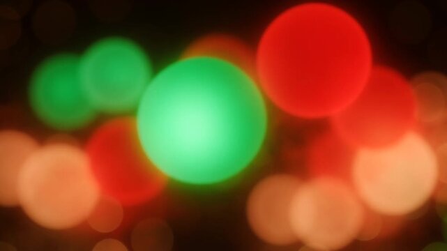 Floating neon spheres of green and red collide into a cloud of glowing particles, representing energy, reaction, fusion, transformation, and abstract physics
