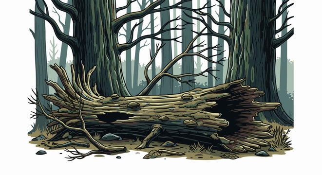 A pixel art forest scene featuring a large fallen log in the foreground and tall, bare trees in the background