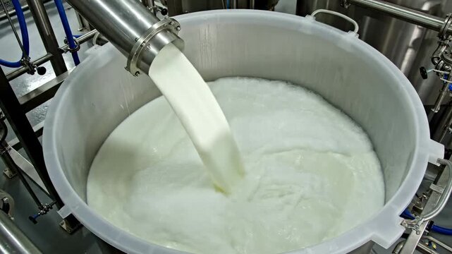 Liquid dairy product gracefully streams from a metallic pipe into a large vat during a food processing operation, showcasing industrial production of milk or cream