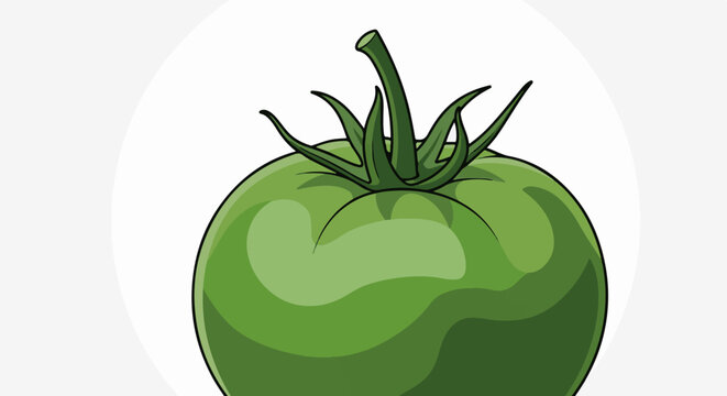 A green tomato with a dark stem and leaves, rendered in a cartoon style on a white background