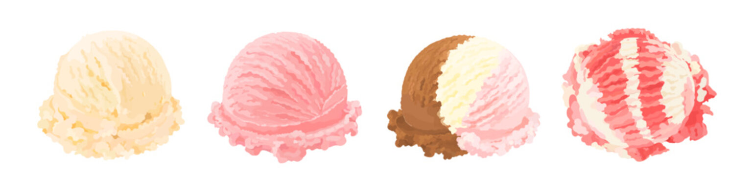 Set of vanilla, strawberry, Italian stracciatella chocolate and neapolitan ice cream scoop. Summer dessert illustration isolated on white background. Perfect for menu, packaging and dessert design.