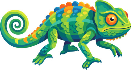 Fototapeta premium Colorful patterned chameleon walking in profile view