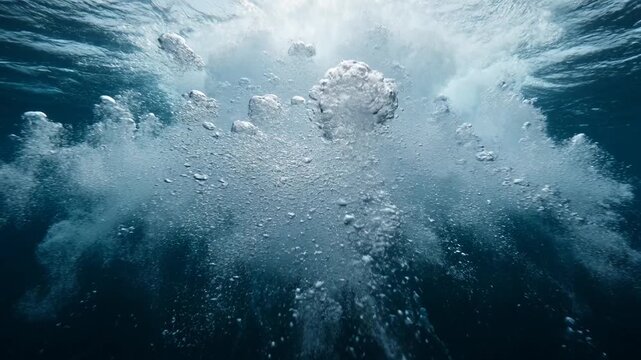 Underwater view of a wave crashing with bubbles dispersing in deep blue water, representing turbulence, movement, power, aquatic life, and natural chaos