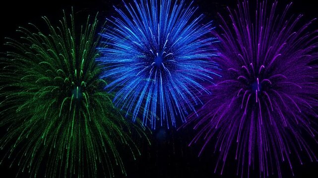 Multicolor pyrotechnic displays exploding in a dark night sky, showcasing a festive celebration, rhythmic light patterns, communal joy, and vibrant holiday energy