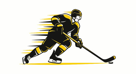 Fototapeta premium A hockey player in black and yellow uniform skates with a stick, puck, and motion blur