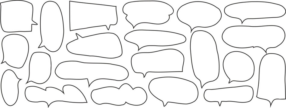 Hand drawn speech bubble collection with comic chat frames and doodle dialogue shapes. Minimal outline message boxes for stickers, social posts, captions and cartoon design elements set.