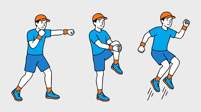 Flat design line art illustration of a young man doing dynamic exercises like shadowboxing punches, high knee raises, and jumping