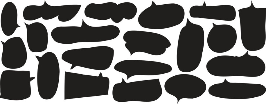Bold comic speech bubble silhouettes in modern hand drawn style. Black chat box shapes for messaging, stickers and cartoon captions. Minimal dialogue frames for social media design set.