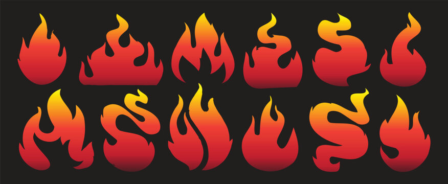 Gradient flame icons collection with blazing fire symbols in modern cartoon style. Hot burning shapes for gaming, warning labels, stickers and energy logo design elements. Vector bundle.