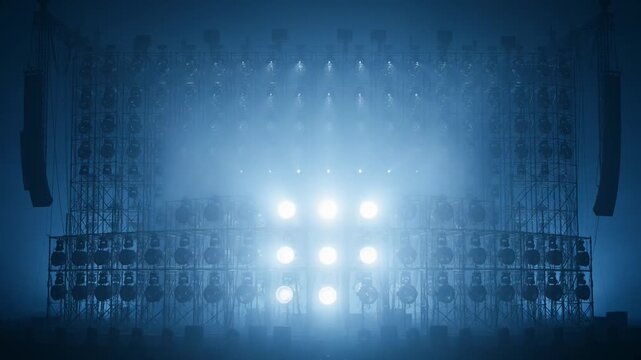 Rows of circular stage lights flashing and beaming in dark blue space, representing performance, concert, technology, excitement, spectacle, energy, and production