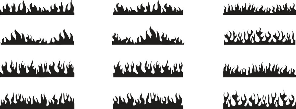 Black fire border collection with burning flame edge patterns in varied silhouette styles. Bold heat graphics suit gaming banners warning themes and custom branding. Modern abstract vector decoration 