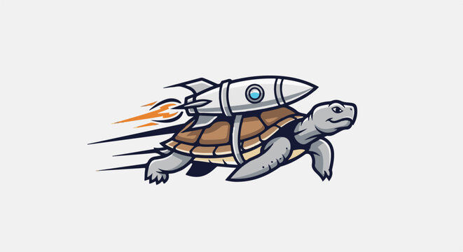 A grey turtle with a white rocket attached to its shell, creating a fast movement effect
