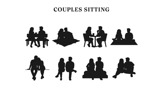 Architectural Scale Figures Vector Pack of Couples Sitting in Silhouette, Black Solid People CAD Blocks for Elevation Drawings, Urban Section Diagrams, and Blueprint Rendering