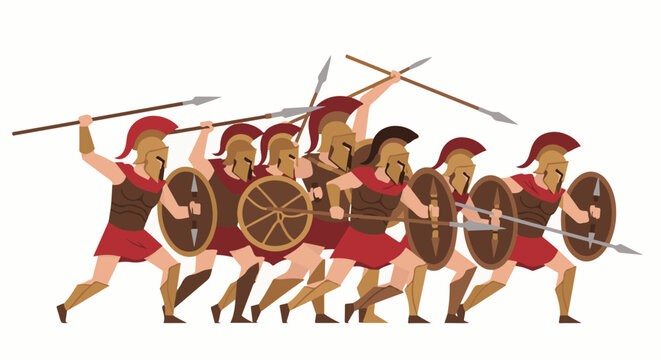 A group of ancient warriors in formation, holding spears and shields