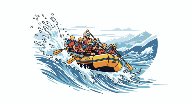 A group of people in a yellow raft navigate rough, splashing water with paddles