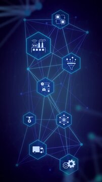 Industry 4 vertical animation with line icons. Fourth industrial revolution. Transformation. Outline symbols on dynamic background. Dark to light transition. HD video for social media reels, stories