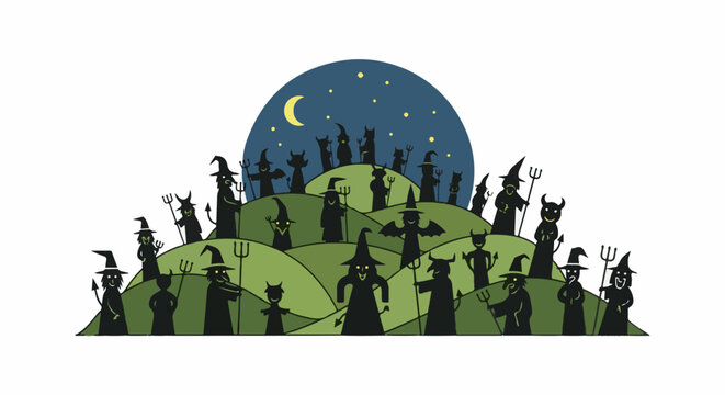 A group of silhouetted witches and devils gathered on rolling hills under a crescent moon and starry night sky