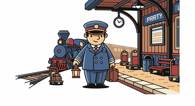 A friendly conductor with a lantern stands on a train platform beside a steam locomotive