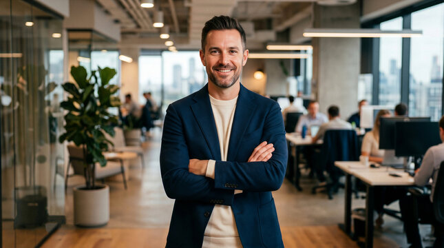 Confident businessman smiling with crossed arms in a modern open plan office with colleagues working in the background