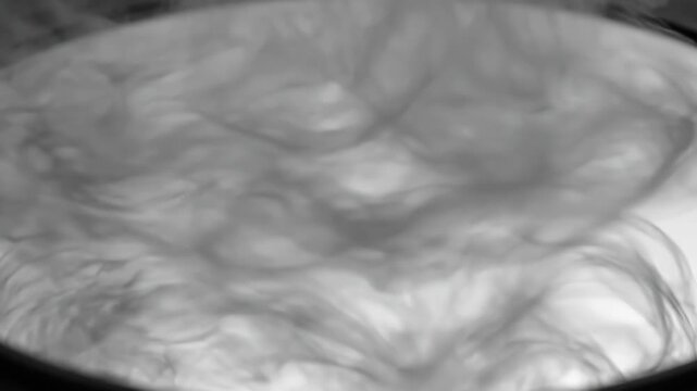 Dark ink disperses in water, creating abstract, flowing shapes. The ethereal movement forms captivating, organic patterns.