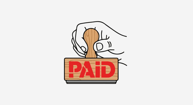 A hand holds a wooden stamp with the red word "PAID" stamped on it