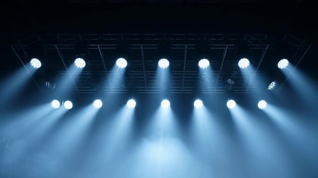 Stage rig with rows of bright blue spotlights illuminating darkness, representing performance, concert lighting, technical equipment, visual production and atmosphere