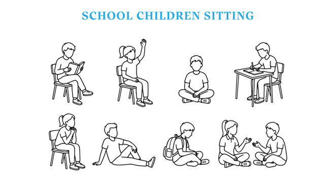 Architectural Scale Figures Vector Pack of School Children Sitting in Elevation, Minimalist Line Art Students CAD Blocks for Classroom Blueprint Layouts and Educational Interior Design Presentation