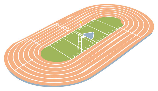 Isometric view of a running track and field stadium with a green infield and lanes