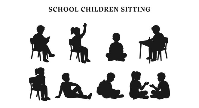Architectural Scale Figures Vector Pack of School Children Sitting in Silhouette, Black Solid Students CAD Blocks for Educational Elevation Drawings and Classroom Section Presentation
