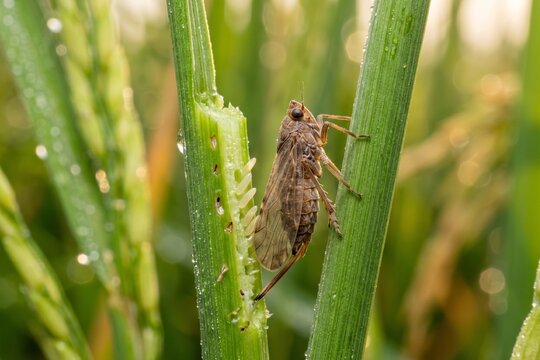 Description

Macro close-up of a rice planthopper laying eggs inside a rice stem in a paddy field. Detailed agricultural insect photography showing oviposition behavior with visible eggs inserted into