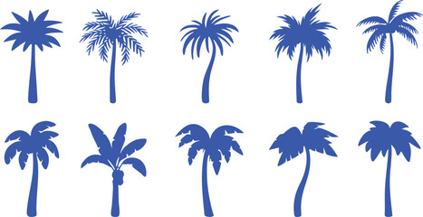Blue palm tree silhouette collection featuring tropical island plants in minimal artistic styles. Relaxed summer graphics suit beach travel branding and vacation themes. Modern vector nature design  © Parul