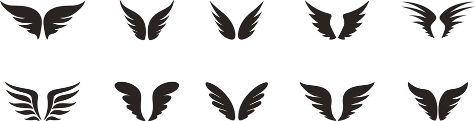 Black wing icon collection featuring angel and bird inspired feather silhouettes in bold styles. Dynamic flying symbols suit gaming logos tattoo art and fantasy branding. Modern vector design set. © Parul