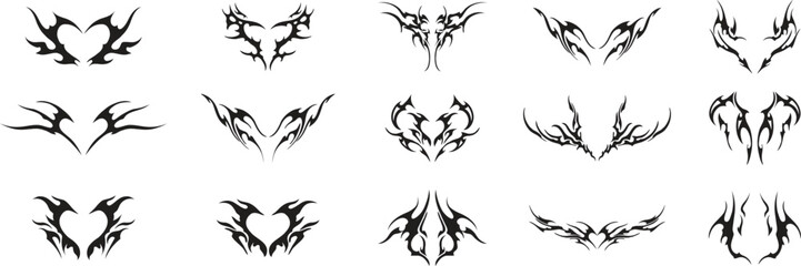 Tribal wing and gothic emblem collection featuring sharp abstract feather symbols in edgy styles. Dynamic fantasy graphics suit gaming logos tattoo art and dark branding themes. Modern vector icon set © Parul