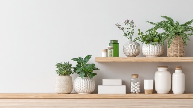 Minimal shelf with plants bottles and boxes in clean neutral interior for natural wellness decor scene