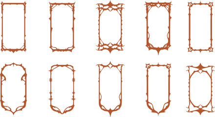 Vintage thorn frame collection featuring sharp barbed border designs in elegant gothic styles. Decorative edgy outlines suit tattoos branding posters and dark fantasy themes. Modern vector  © Parul