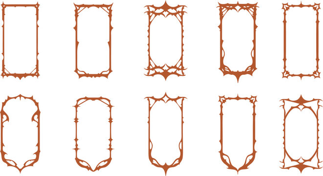 Vintage thorn frame collection featuring sharp barbed border designs in elegant gothic styles. Decorative edgy outlines suit tattoos branding posters and dark fantasy themes. Modern vector 
