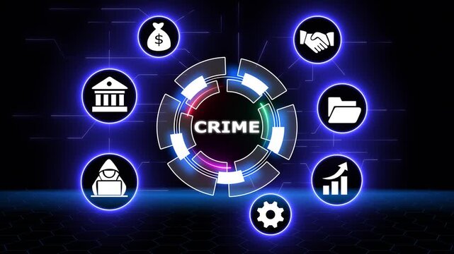Crime business concept on black background. Business concept video animation. Business, Technology, Internet and network concept. Abstract technology symbols on a blue background. 4k ...