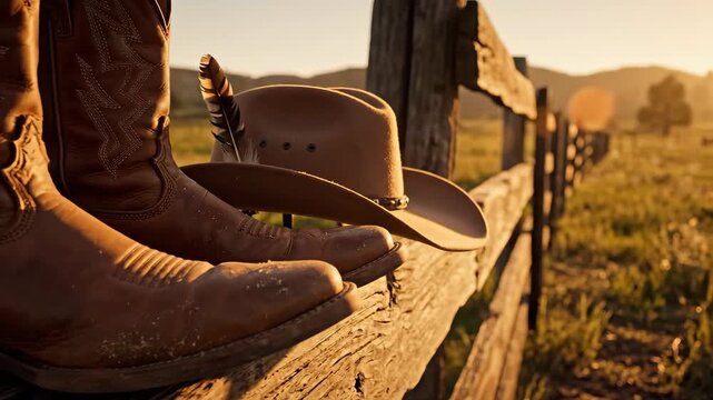 Cowboy boots and hat on wooden fence at sunset. Perfect for USA Independence Day themes, patriotic holidays, Western heritage