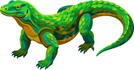 Fototapeta premium Vibrant green komodo dragon walking with detailed scaly texture