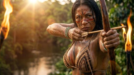 Fototapeta premium Indigenous woman with body paint and bow and arrow, aiming forward