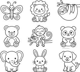 Fototapeta premium Cute Baby Animal Collection Vector Illustration with Butterfly Lion Panda Bunny Elephant and Cartoon Pet Characters Set