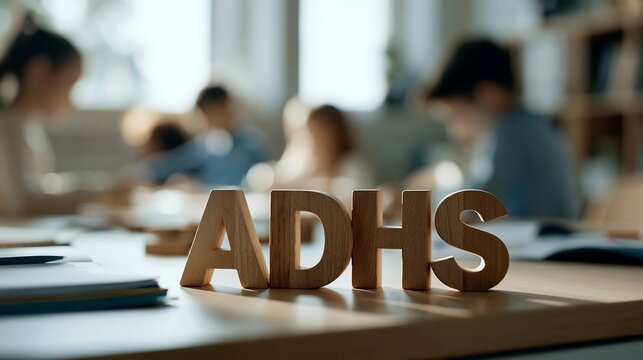 Wooden ADHD letters on classroom table during group concentration therapy session for school children, blurred students in background, concept of attention support and occupational therapy in educatio