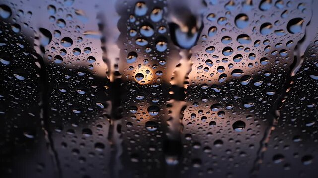 Raindrops sliding down window glass at twilight