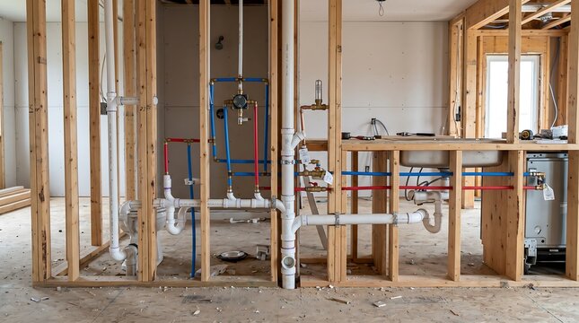 Residential Construction Site Showing Interior Wall Framing with New PVC Plumbing and PEX Water Lines Installed for a Bathroom and Kitchen Remodel