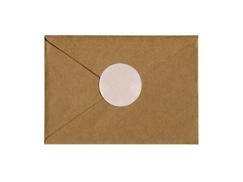 Brown kraft paper envelope with round sticker seal isolated on white background. Minimal stationery mockup for invitations, branding, mailing and craft projects.