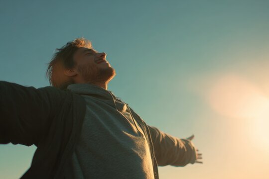 Young man with arms open to sky, feeling freedom and happiness outdoors