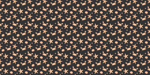 Dark marine seamless pattern with crabs and starfish. ocean life repeating pattern on dark © rymarenko